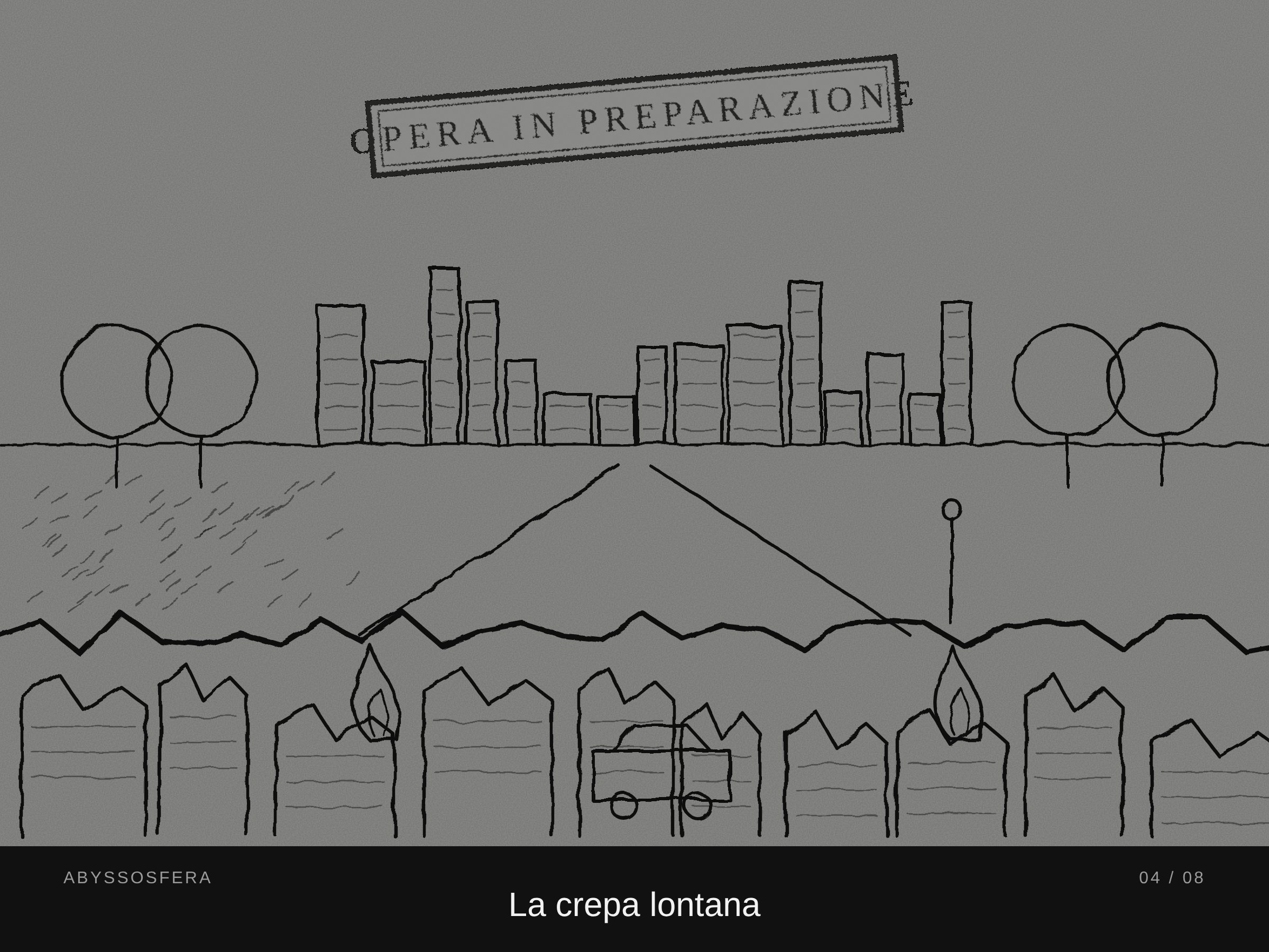 Bozza dell'opera «La crepa lontana» (opera in preparazione): una città in fiamme all'orizzonte.