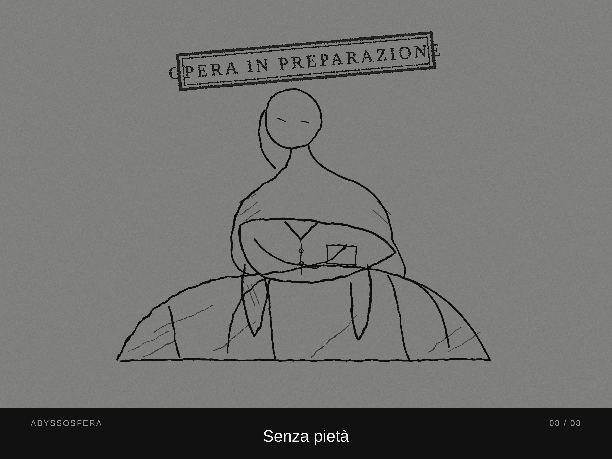 Bozza dell'opera «Senza pietà» (opera in preparazione): una figura seduta stringe tra le braccia una divisa.