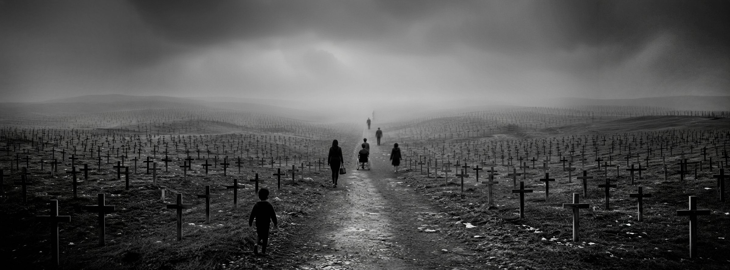 Un campo sterminato di croci sotto un cielo di nebbia. Lungo un sentiero camminano alcune persone, tra cui un bambino.