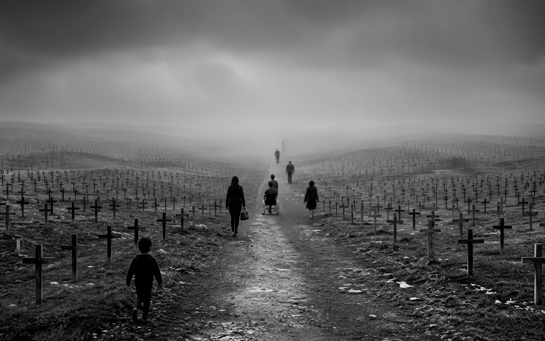 Un campo sterminato di croci sotto un cielo di nebbia. Lungo un sentiero camminano alcune persone, tra cui un bambino.
