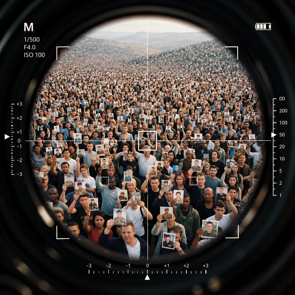 Il mirino di una fotocamera inquadra una folla immensa: molte persone sollevano le fotografie di giovani in divisa.